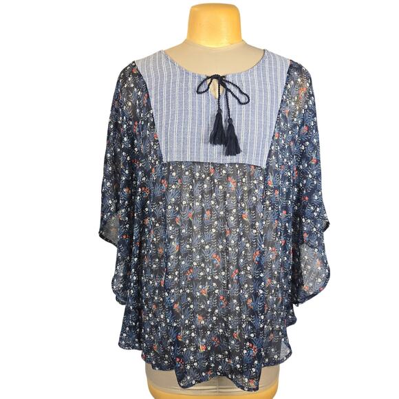 Style & Co Womens XL Top Sheer Cover Up Overlay Flowy Batwing Floral Striped - Picture 1 of 11